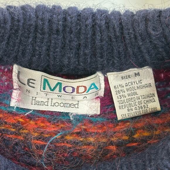 Vintage Le Moda Fair Isle Hand Loomed Wool Mohair Blend Sweater Womens Sz Medium - Picture 7 of 9